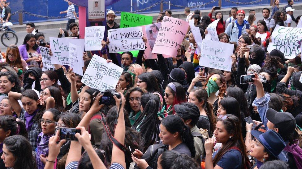 Several feminist demonstrators take part in a protest against gender-based violence against women after the murder of Ingrid Escamilla, 25, stabbed to death and then skinned by her partner in the north of Mexico City at Reforma Avenue in Mexico City, Mexico