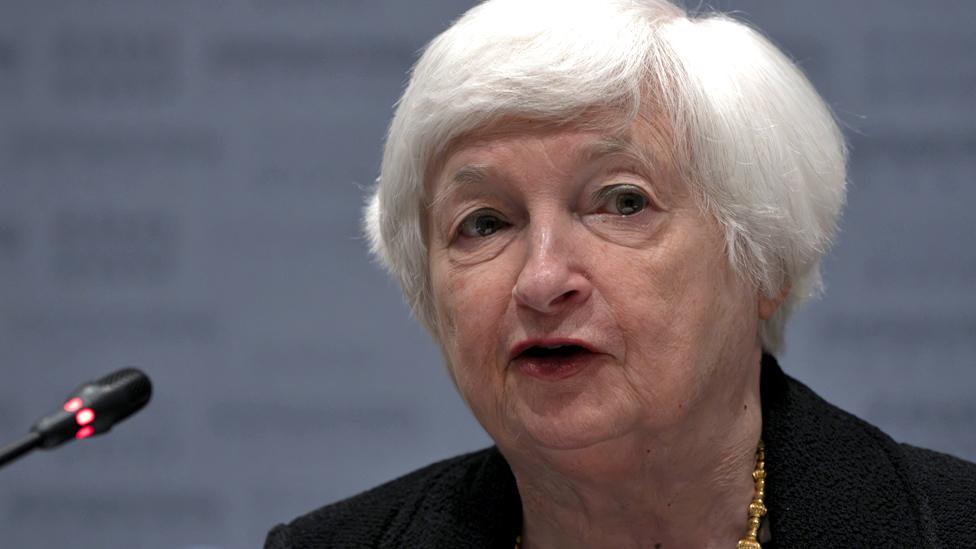 Treasury Secretary Janet Yellen speaks with members of the American business community in Beijing