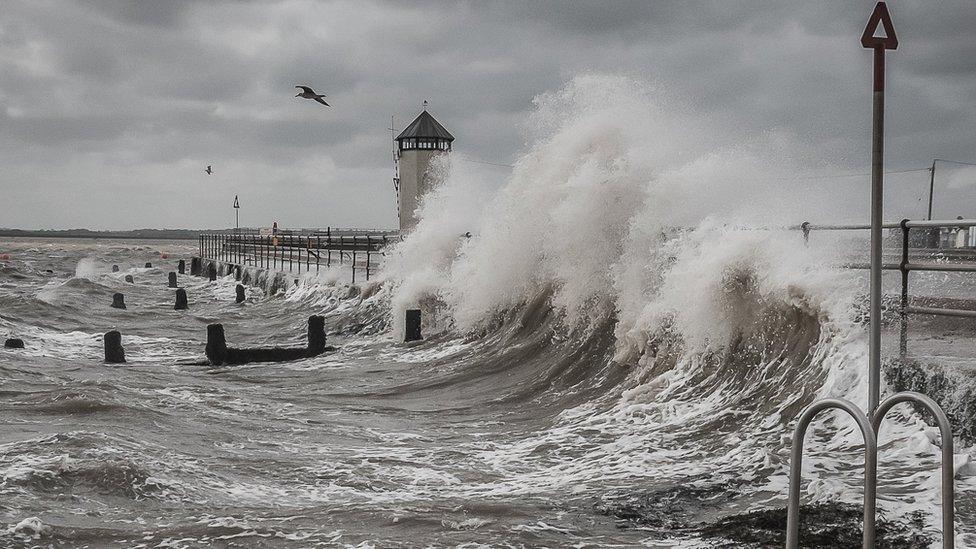 Waves crashing due to storm Francis at Brightlingsea, Essex