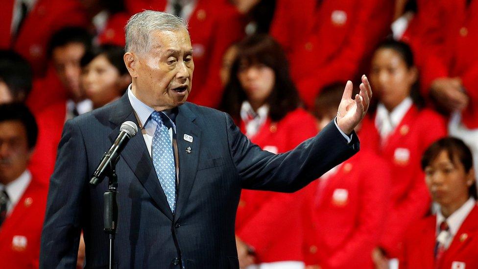 Japan's former prime minister and president of the Tokyo 2020 Organizing Committee of Olympic and Paralympic games, delivers a speech during a send-off ceremony for the Japanese team"s departure to the Rio 2016 Olympic Games, in Tokyo, Japan July 3, 2016.