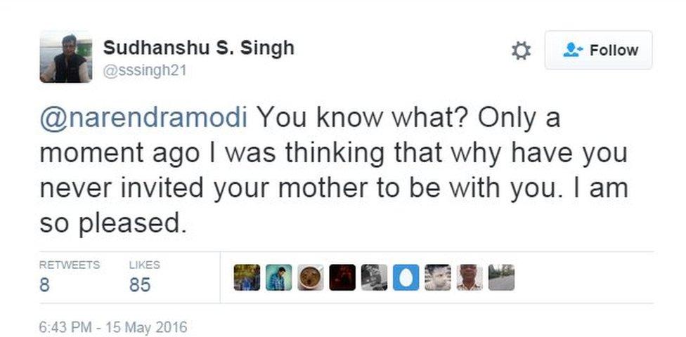 @narendramodi You know what? Only a moment ago I was thinking that why have you never invited your mother to be with you. I am so pleased.