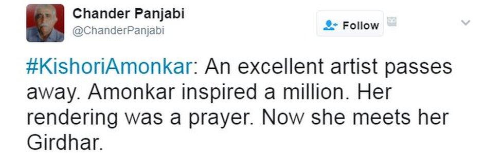 #KishoriAmonkar: An excellent artist passes away. Amonkar inspired a million. Her rendering was a prayer. Now she meets her Girdhar.