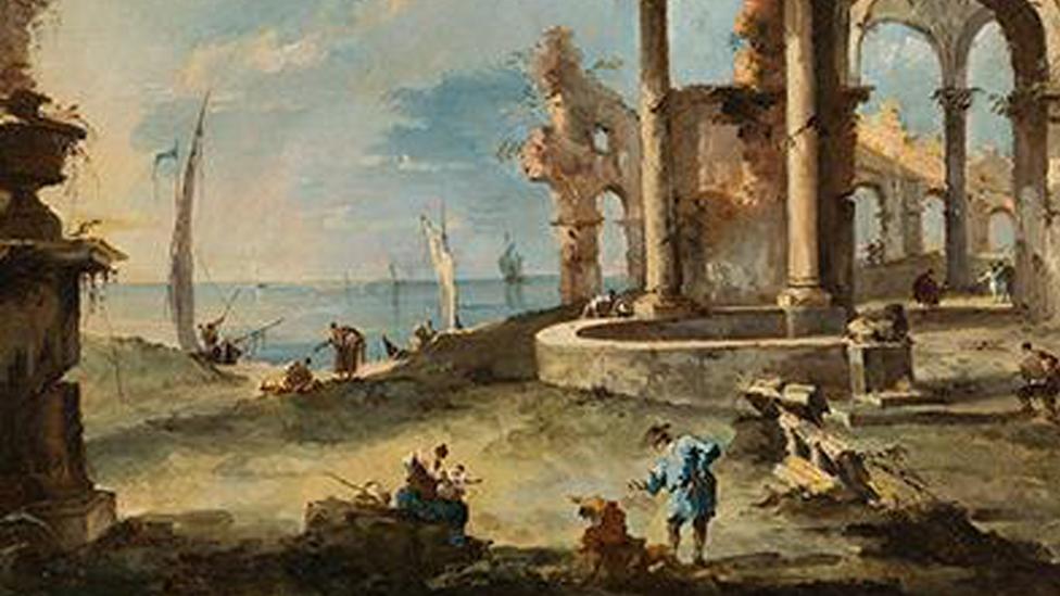 Francesco Guardi A capriccio: ruined building by the coast, with figures