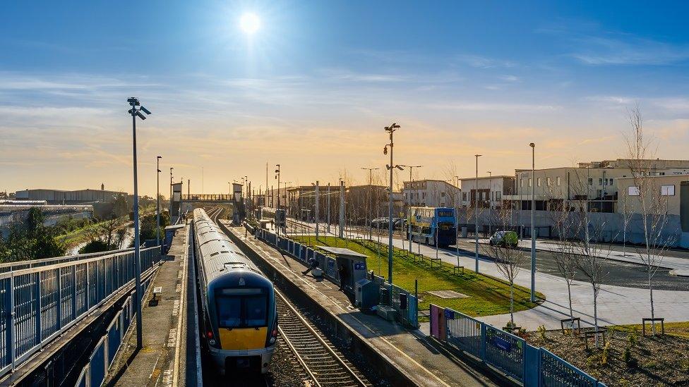 A train on a track at a Dublin transport hub