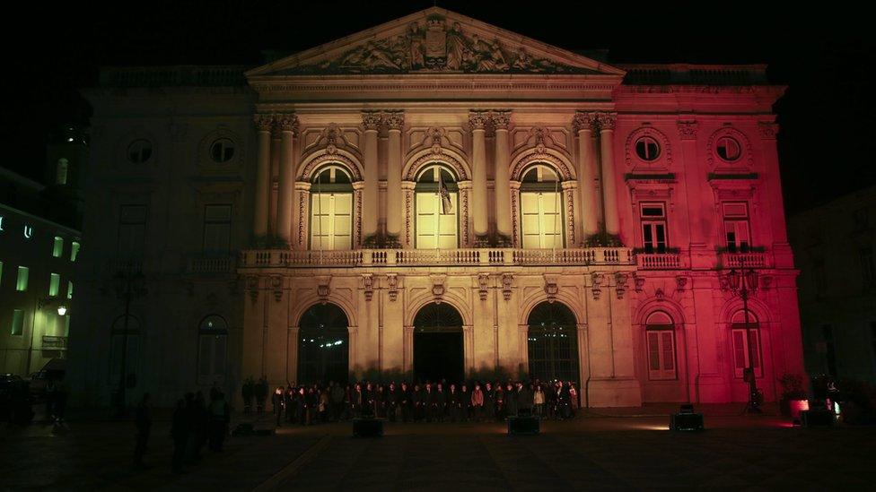 City Hall of Lisbon, Portugal, is illuminated in Belgian national colours. 22 March 2016