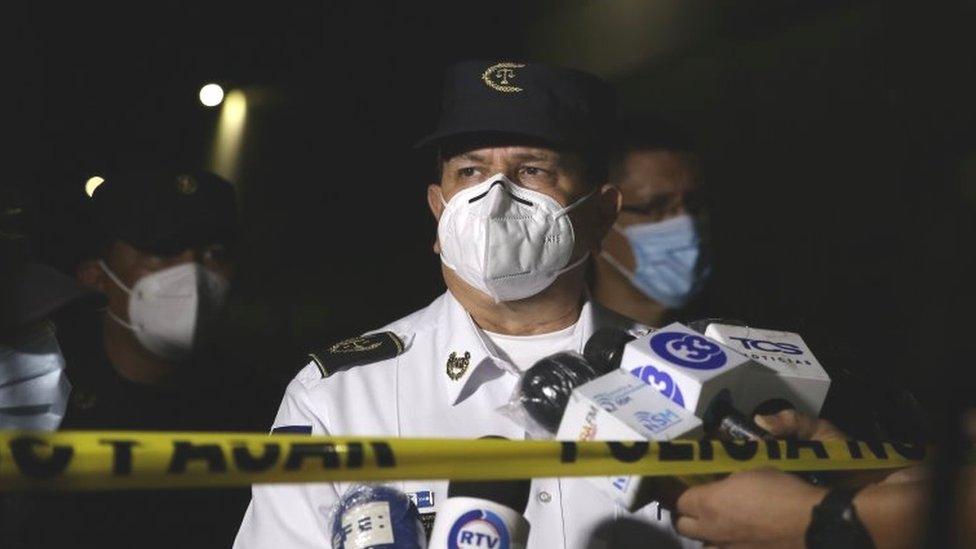 The Director of the National Civil Police of El Salvador Mauricio Arriaza Chicas speaks to the press in the area where six people were killed, in San Salvador, El Salvador, 11 October 2020.