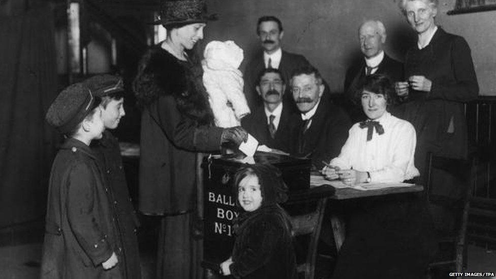 An enfranchised woman votes for the first time in the United Kingdom