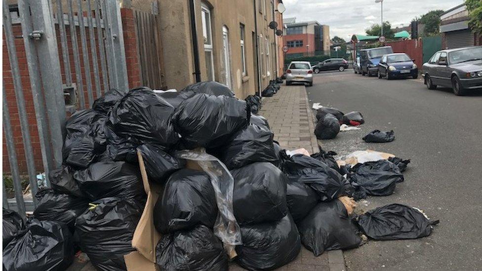 Bins piled up on Avon Street, Sparkhill, Birmingham