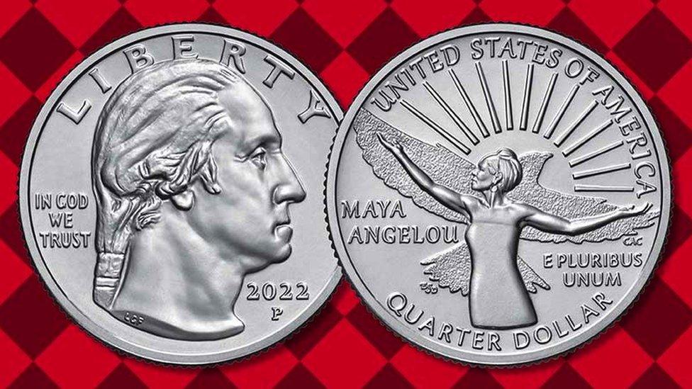 US quarter coin featuring George Washington and Maya Angelou