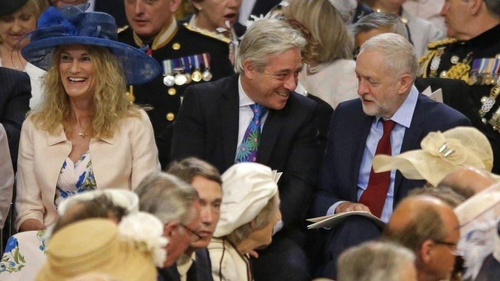 Labour Party leader Jeremy Corbyn, right, speaks with John Bercow, the Speaker of the House of Commons