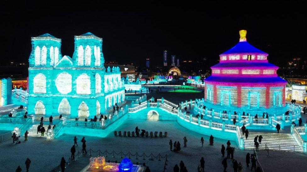 Ice sculptures lit up