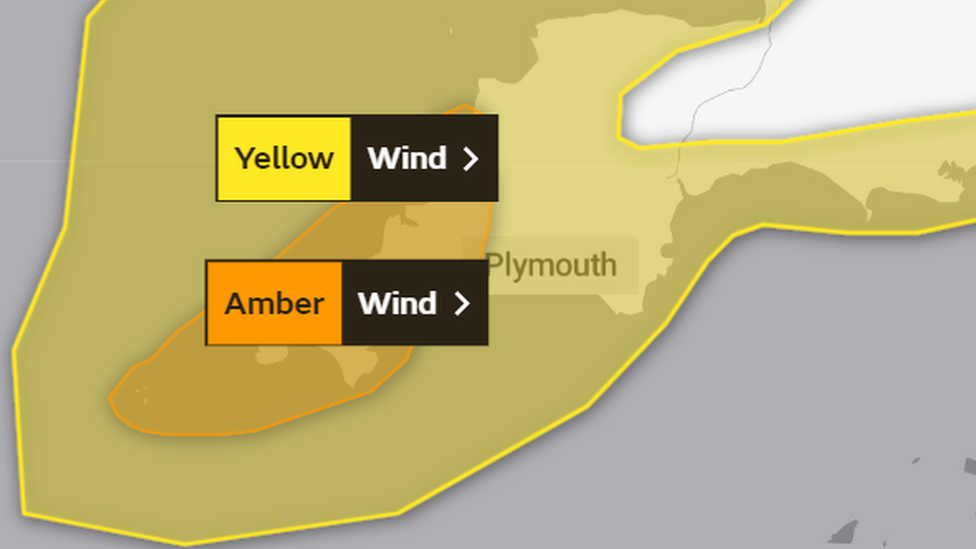 Graphic shows yellow and amber wind warnings over Devon and Cornwall