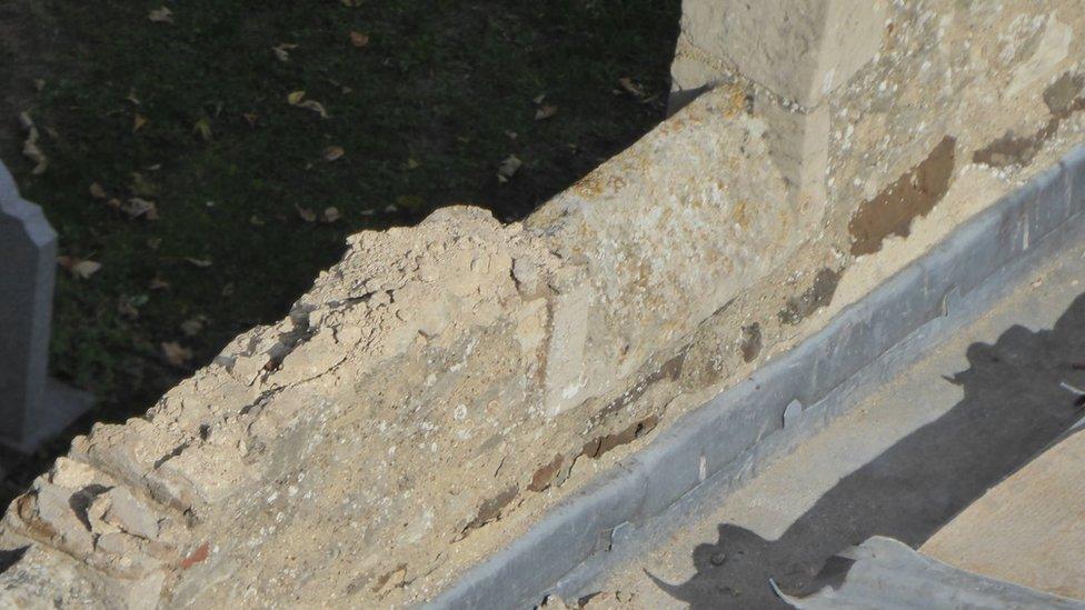 Damaged stonework on a church