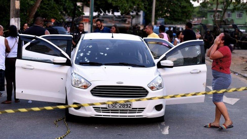 A view of a car which received over 80 shoots from members of the Brazilian Army, in Rio de Janeiro, Brazil, 08 April 2019. Ten soldiers involved in the killing of a civilian were arrested after they shot the vehicle which was being driven with the members of a family inside.