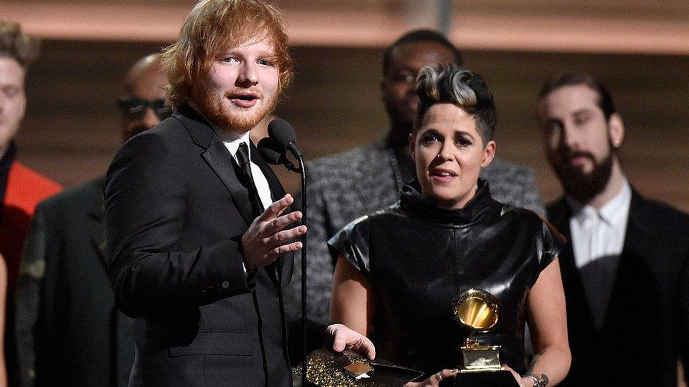 Ed Sheeran with Amy Wadge at 2016 Grammy awards