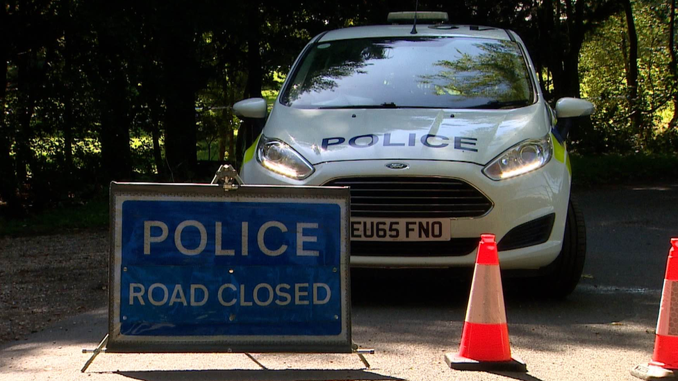 A police car after a plane crash in Pebmarsh near Halstead