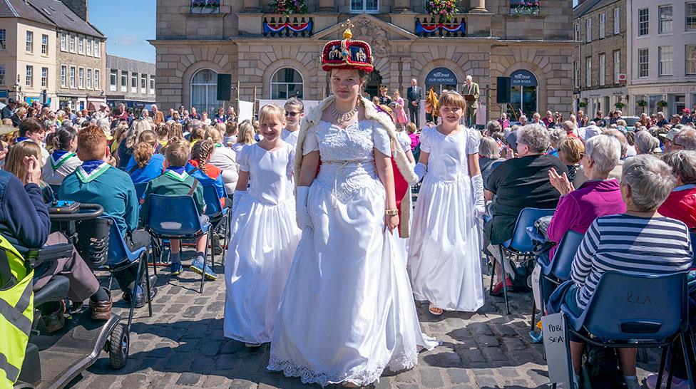 Re-enactment of Queen's coronation, in Kelso in the Scottish Borders