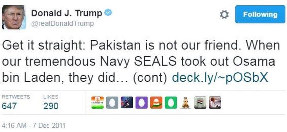 Donald Trump tweets: "Get it straight: Pakistan is not our friend..."