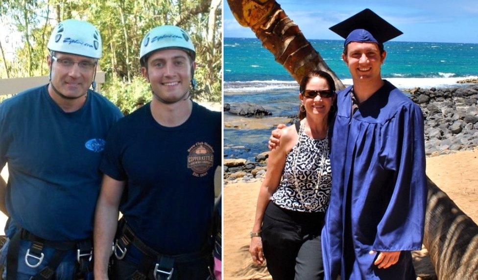 Collage photograph of Alex pictured with his dad in protective helmets, and with his mother at beach while graduating