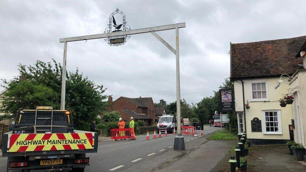 The iconic Magpie pub's sign at Little Stonham, Suffolk