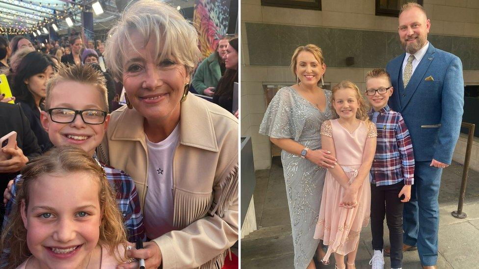 The children with Emma Thompson (l)and the family together (r)