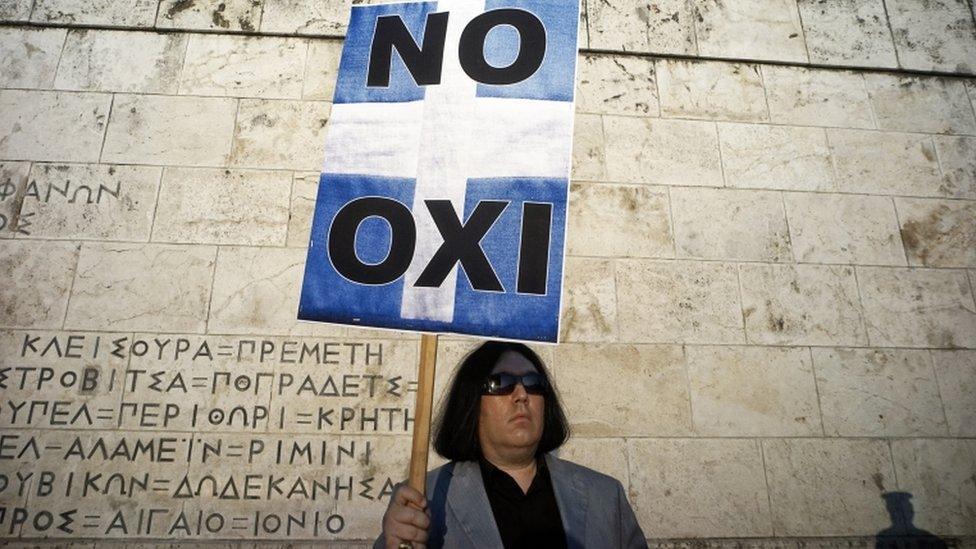 Demonstrators during a rally in Athens, Greece, 29 June 2015.