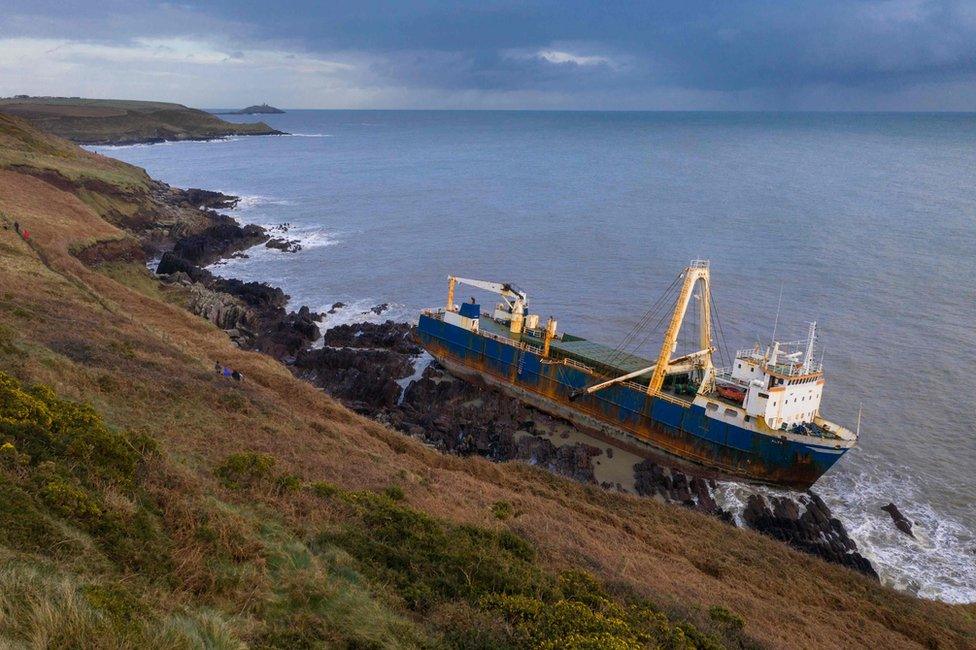 A view of the abandoned ghost ship Alta stuck on the rocks of the Irish coast