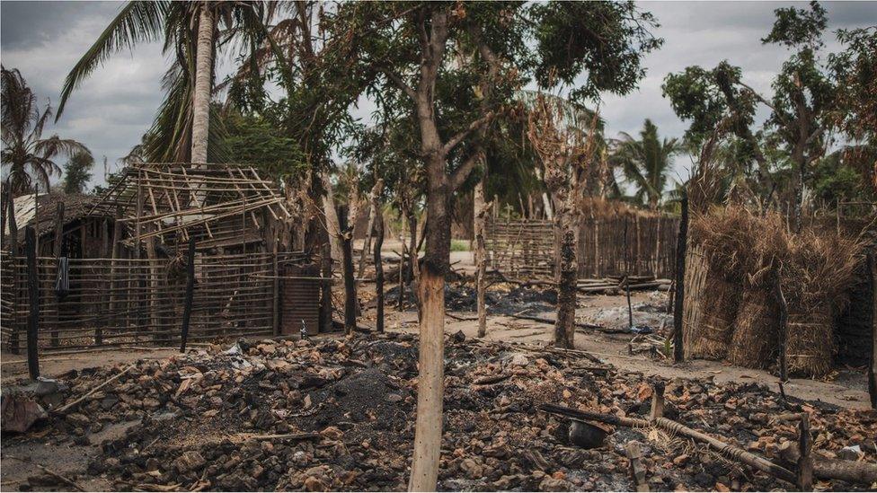 The remains of a burned and destroyed home is seen in the recently attacked village of Aldeia da Paz outside Macomia, on August 24, 2019.