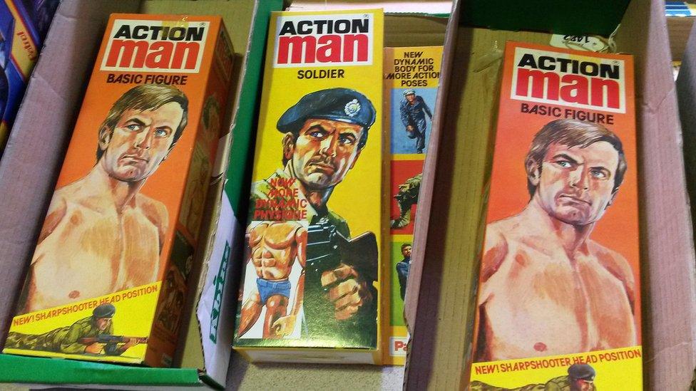 Box containing Action Man doll boxes