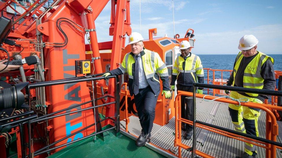 Boris Johnson on board the Esvagt Alba during a visit to the Moray Offshore Windfarm East