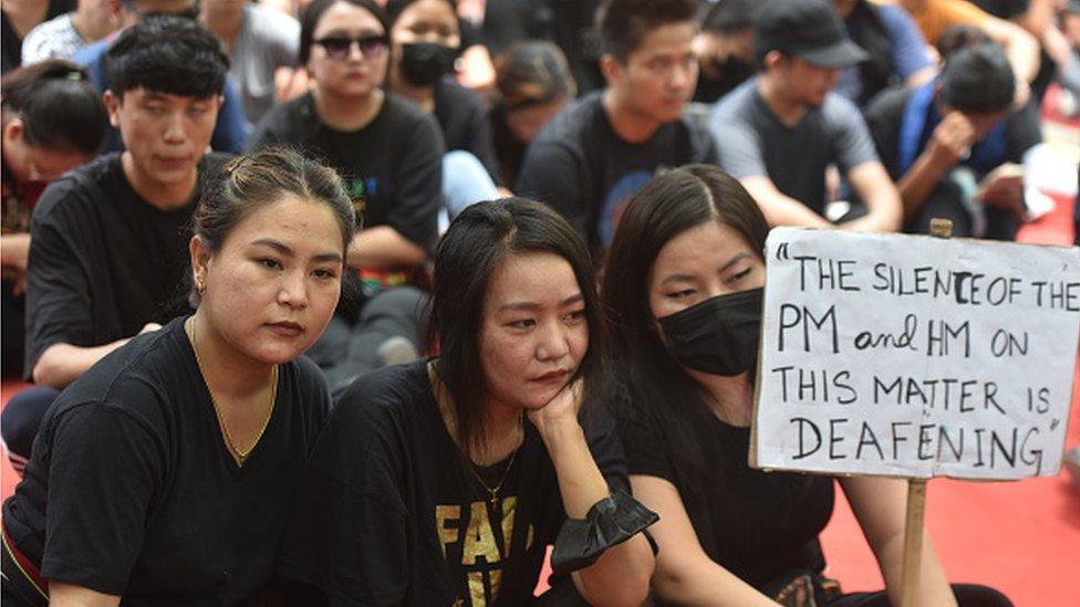 Members of the Kuki tribe and their supporters take part in a tribal solidarity protest against the alleged ethnic cleansing in Manipur state, at Jantar Mantar, on June 24, 2023 in New Delhi, India.