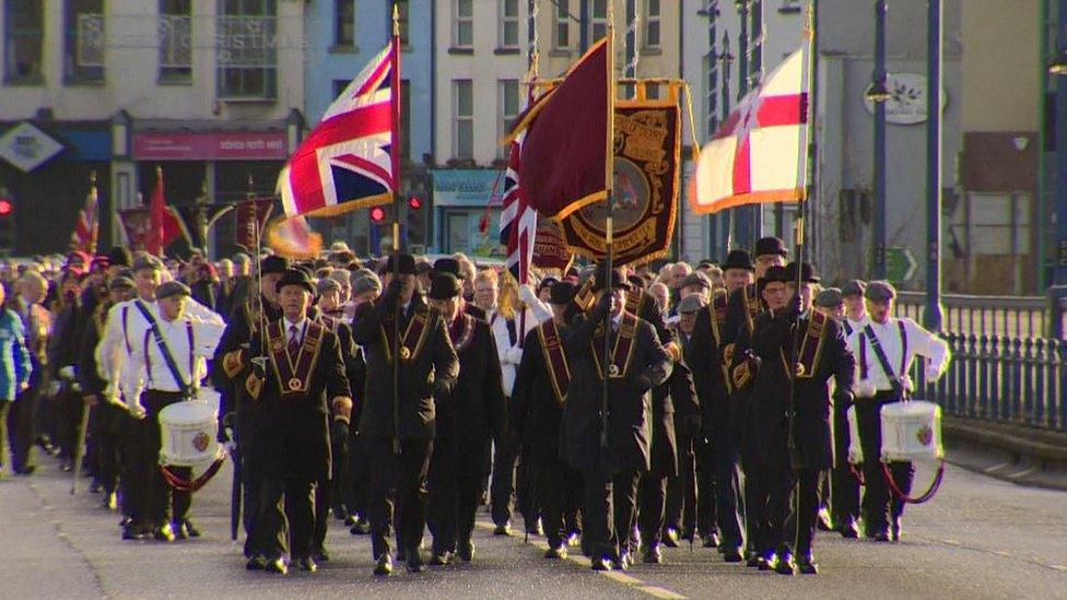 The parade crossing the Craigavon Bridge