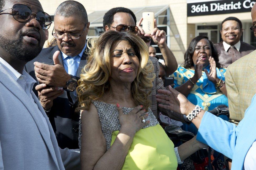 Singer Aretha Franklin becomes emotional during her street naming on June 8, 2017 in Detroit, Michigan