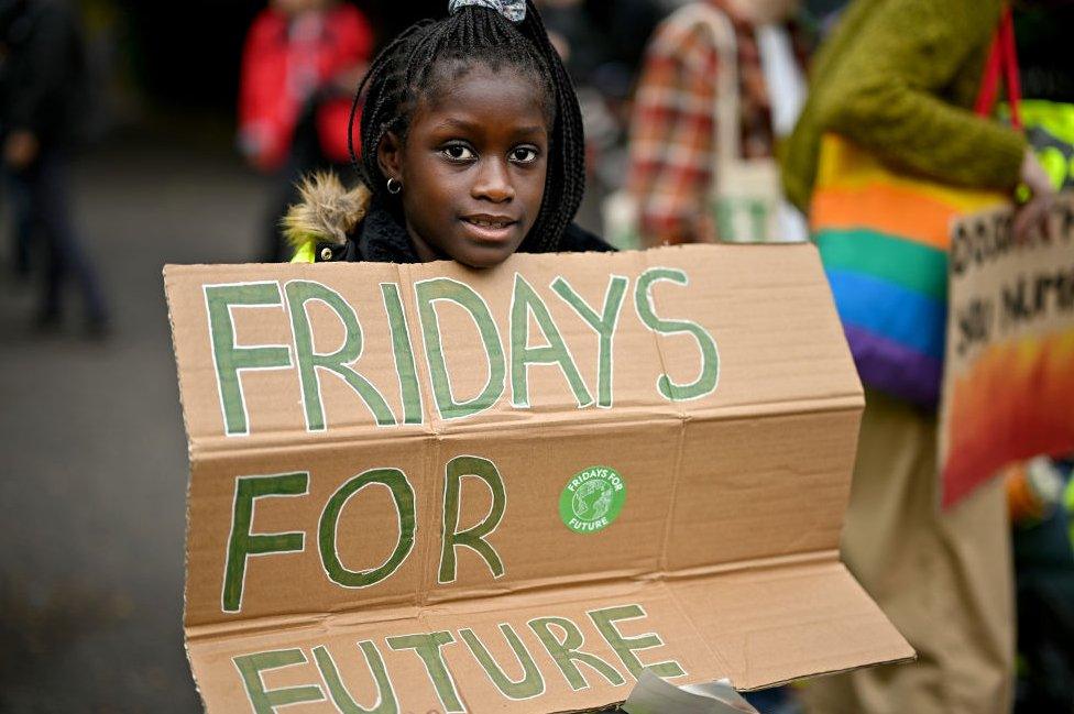 A protestor holds a placard saying 'Fridays for Future'