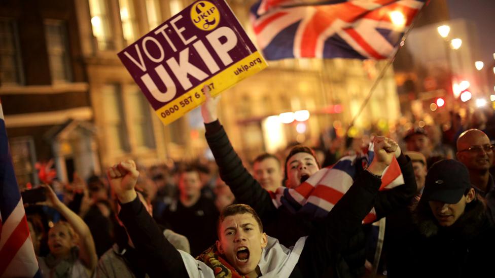 Demonstrators punch the air and march holding flags and Vote UKIP placards