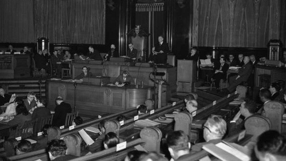 Chairman of the British Trade Unions, Mr T Bullock, addressing Trade Union leaders from all round the world, at County Hall in London