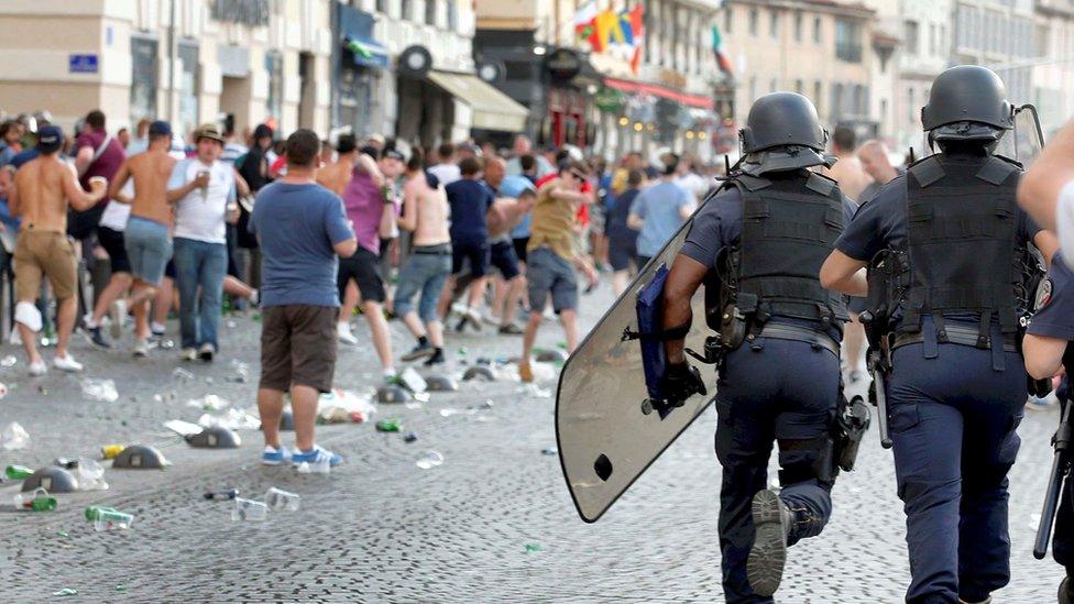 Police clashing with football fans