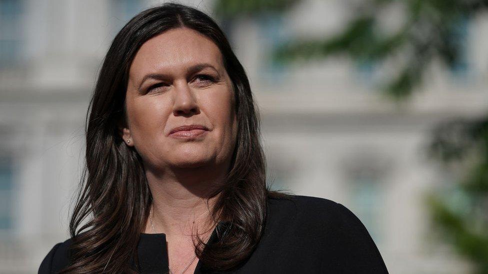 Then White House Press Secretary Sarah Huckabee Sanders talks to reporters after being interviewed on FOX News