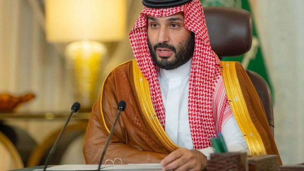 Saudi Crown Prince Mohammed bin Salman gives a speech from his office in Riyadh, Saudi Arabia (23 October 2021)