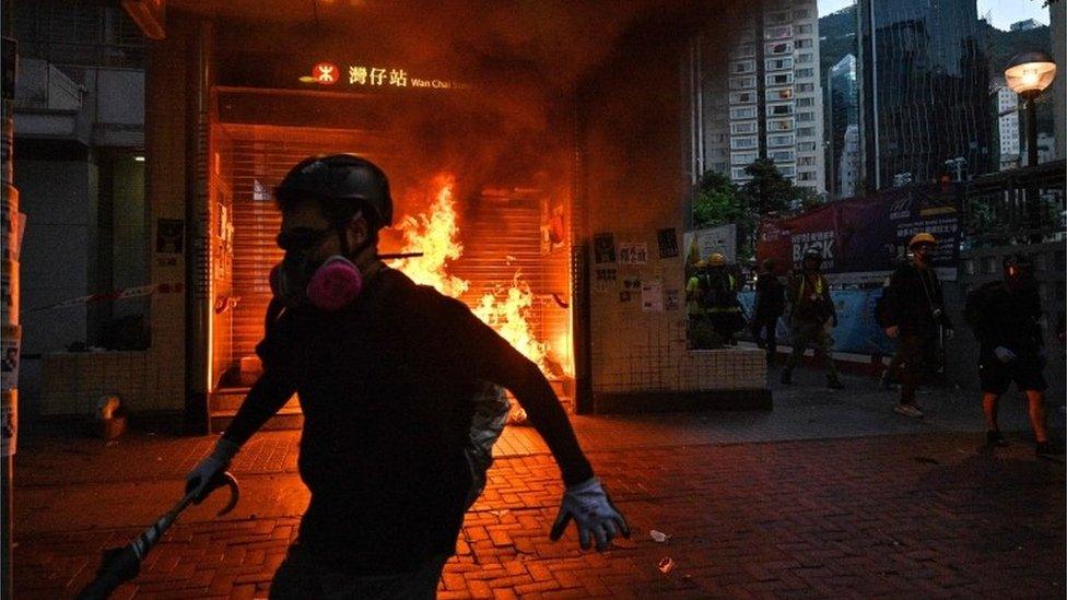 fire at entrance to metro station