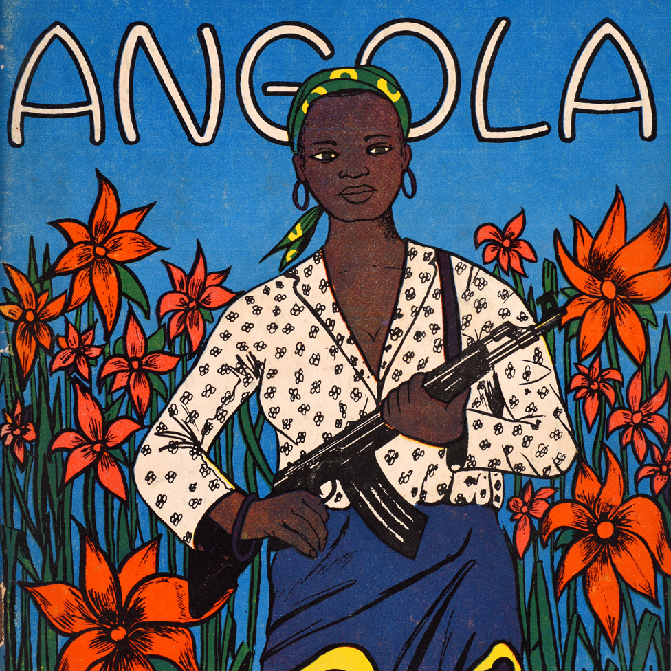 The cover of the magazine Tricontinental 95 with the word Angola and a woman holding a machinegun