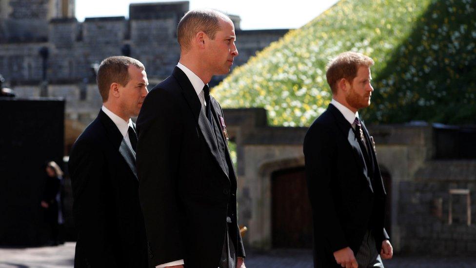 Prince William and Prince Harry walked either side of their cousin Peter Phillips, who trailed slightly behind the pair