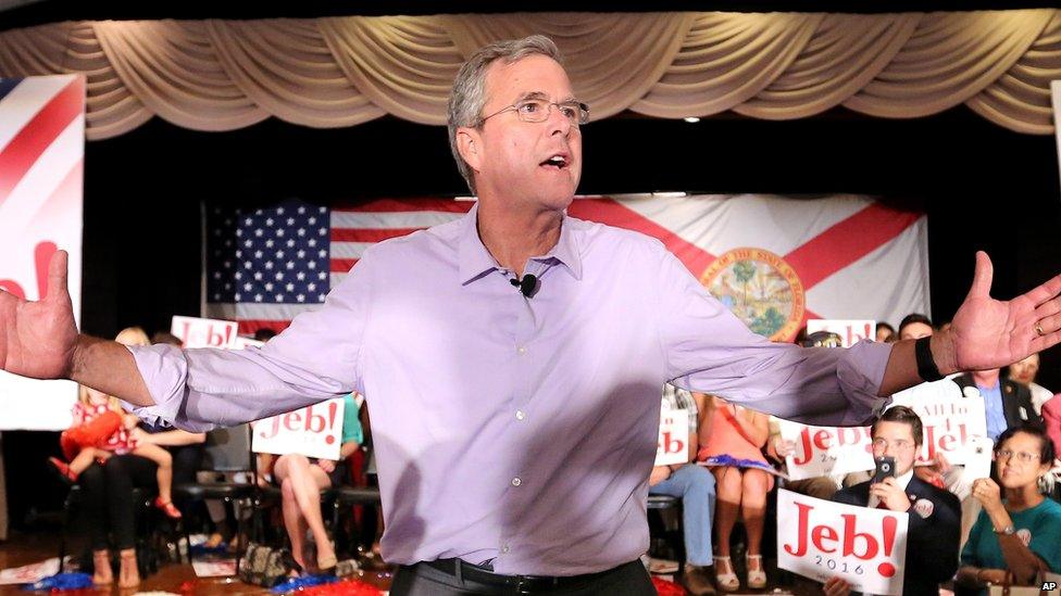 2016 Republican presidential candidate Jeb Bush responds to cheering supporters during a campaign rally at the Maitland Venue in Maitland, Fla., Monday, July 27, 2015.