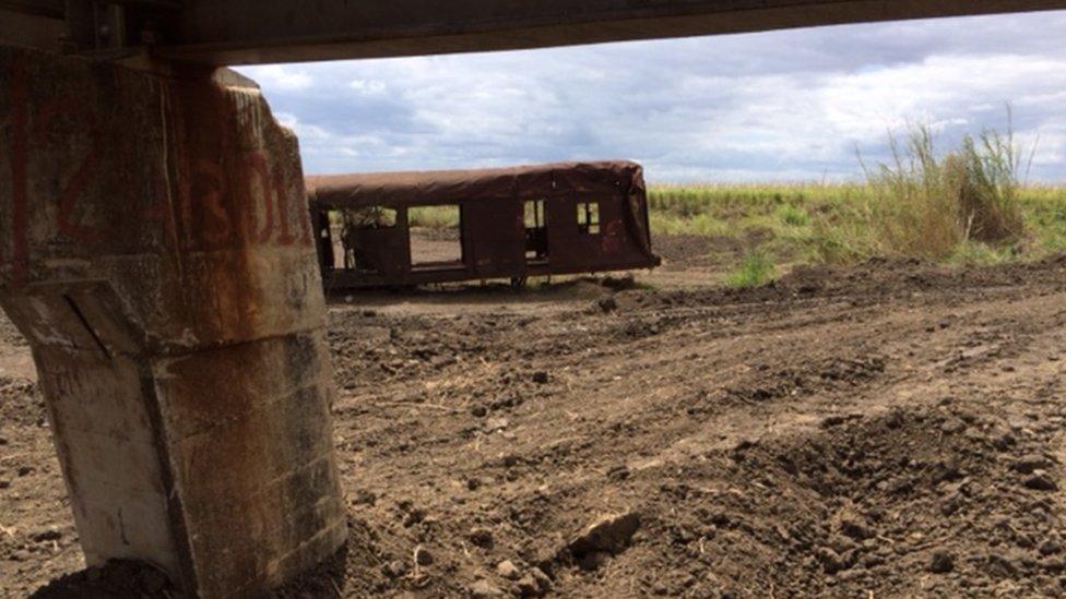 Abandoned railway carriage under which mines were found