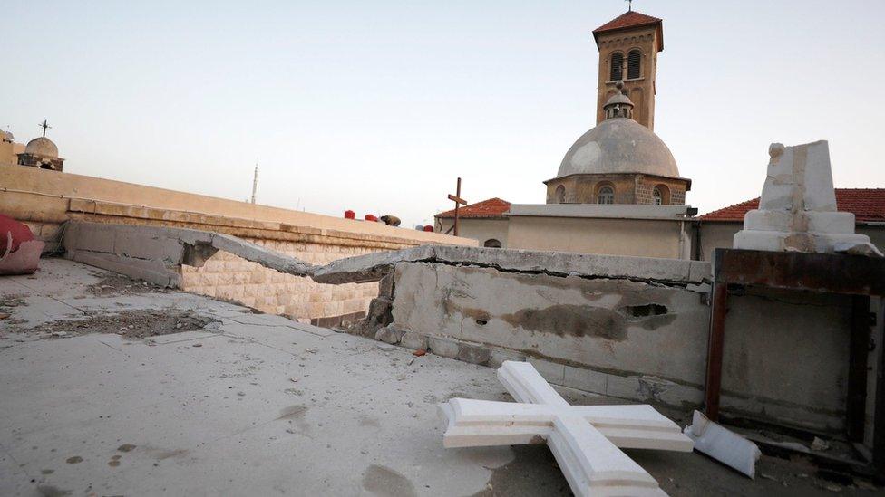 A damaged rooftop of a church in the ancient Christian quarter of Bab Touma in Damascus, Syria (22 January 2018)