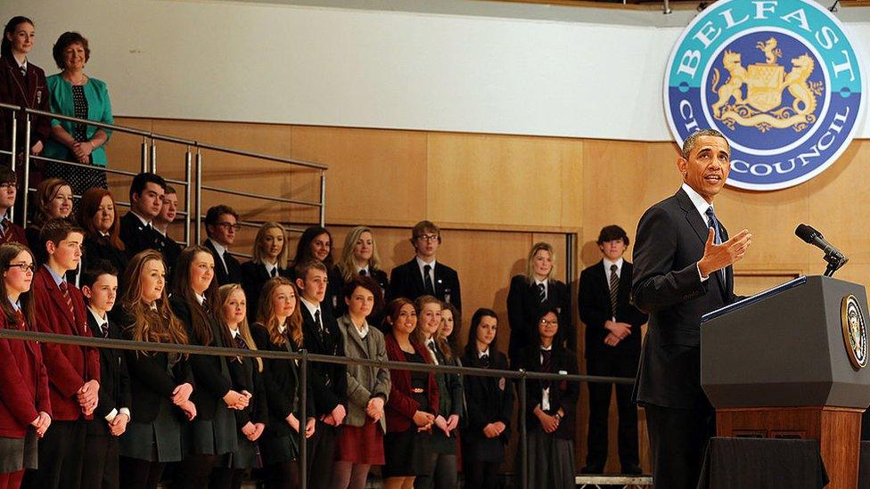 U.S. President Barack Obama delivers a keynote address at the Waterfront Hall ahead of the G8 Summit on June 17, 2013