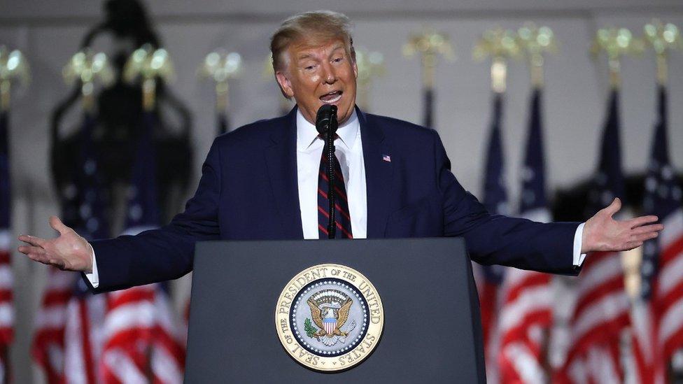 President Donald Trump delivers his speech for the Republican presidential nomination