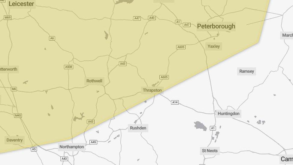 Met Office map with yellow shaded area around parts of Cambridgeshire and Northamptonshire