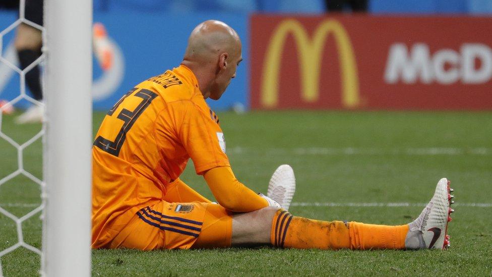 Goalkeeper Wilfredo Caballero reacts after conceding a goal in a First Stage Group D football match between Argentina and Croatia at Nizhny Novgorod Stadium