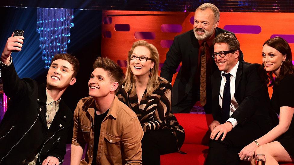 Joe and Jake, Meryl Streep, Graham Norton, Hugh Grant and Keeley Hawes during the filming of the Graham Norton Show